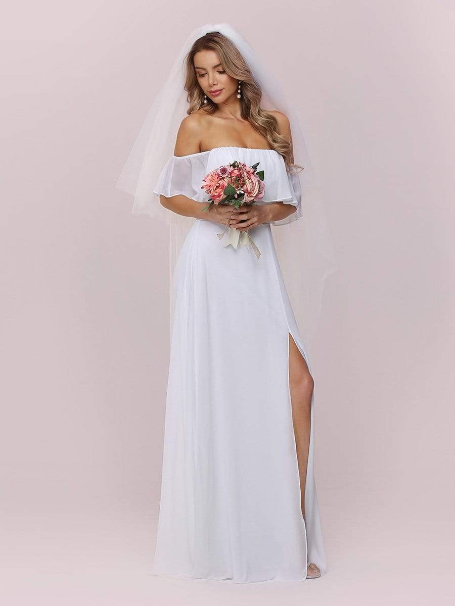 Wedding Dresses - Plain Off Shoulder Wholesale Chiffon Wedding Dress with Side Split - MsDressly