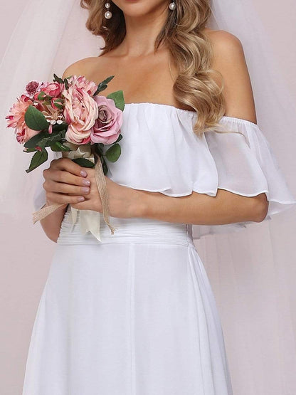 Wedding Dresses - Plain Off Shoulder Wholesale Chiffon Wedding Dress with Side Split - MsDressly