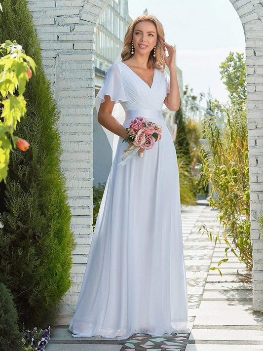 Wedding Dresses - Minimalist A-Line Wholesale Chiffon Wedding Dress with Satin Belt - MsDressly
