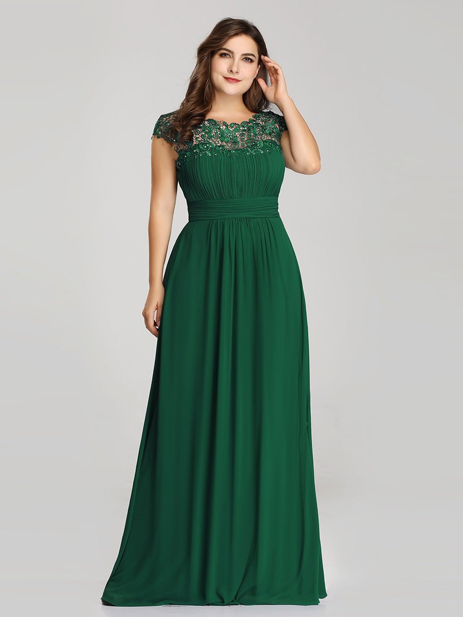 Elegant Lace Cap Sleeve Chiffon Evening Gown with Ruched Detail: Lacey Neckline Open Back Ruched Bust Plus Size Evening Dress