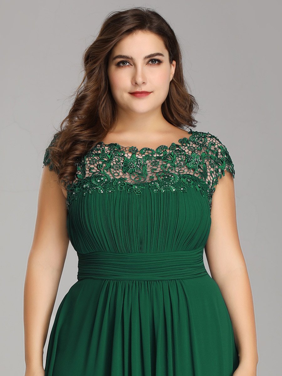 Elegant Lace Cap Sleeve Chiffon Evening Gown with Ruched Detail: Lacey Neckline Open Back Ruched Bust Plus Size Evening Dress