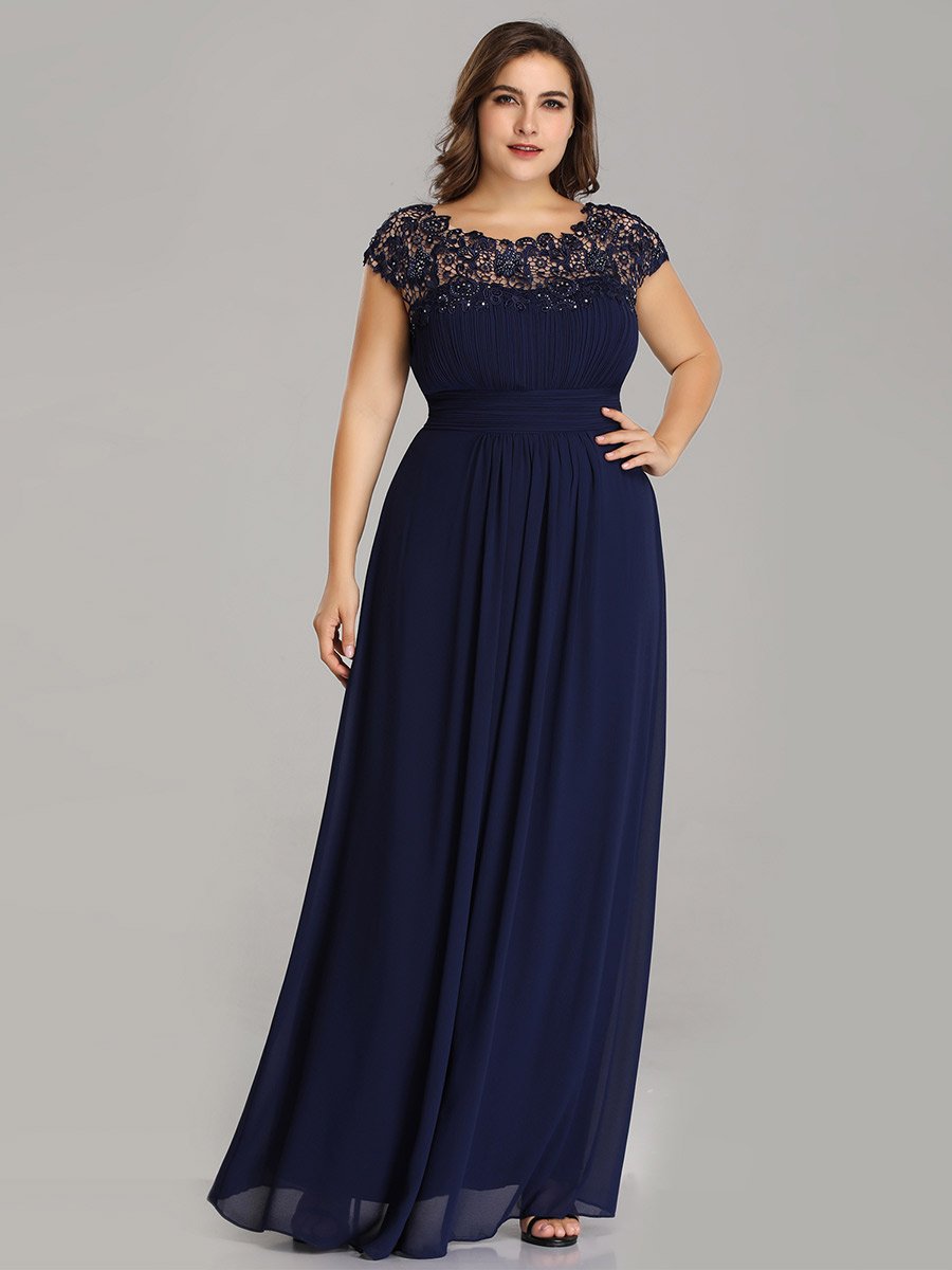 Elegant Lace Cap Sleeve Chiffon Evening Gown with Ruched Detail: Lacey Neckline Open Back Ruched Bust Plus Size Evening Dress