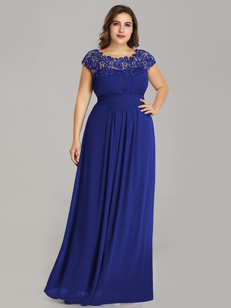 Elegant Lace Cap Sleeve Chiffon Evening Gown with Ruched Detail: Lacey Neckline Open Back Ruched Bust Plus Size Evening Dress