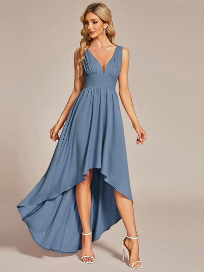 Deep V-Neck High-Low Sleeveless A-Line Wedding Guest Dress