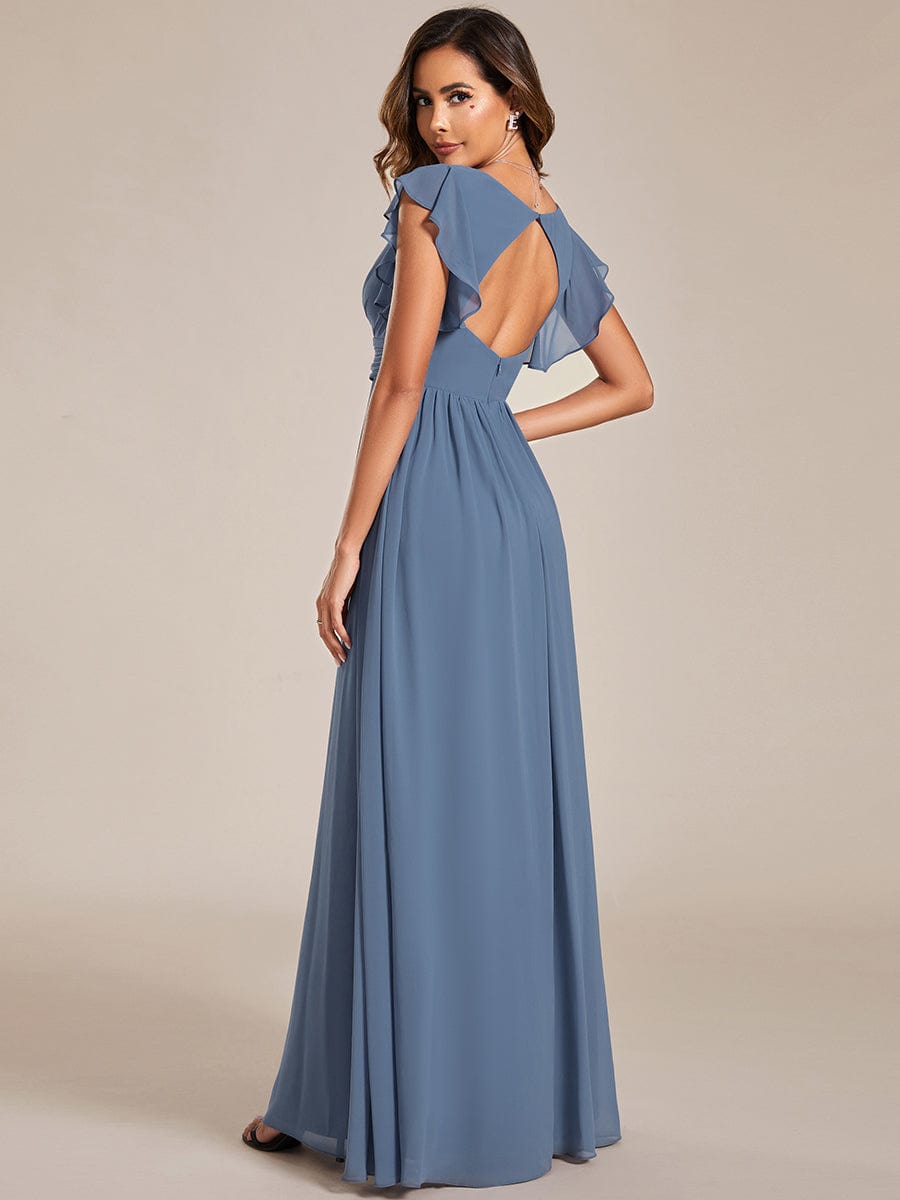 MsDresslyEP Formal Dress Back Cutout A-Line Pleated Ruffles Sleeve Chiffon Bridesmaid Dress