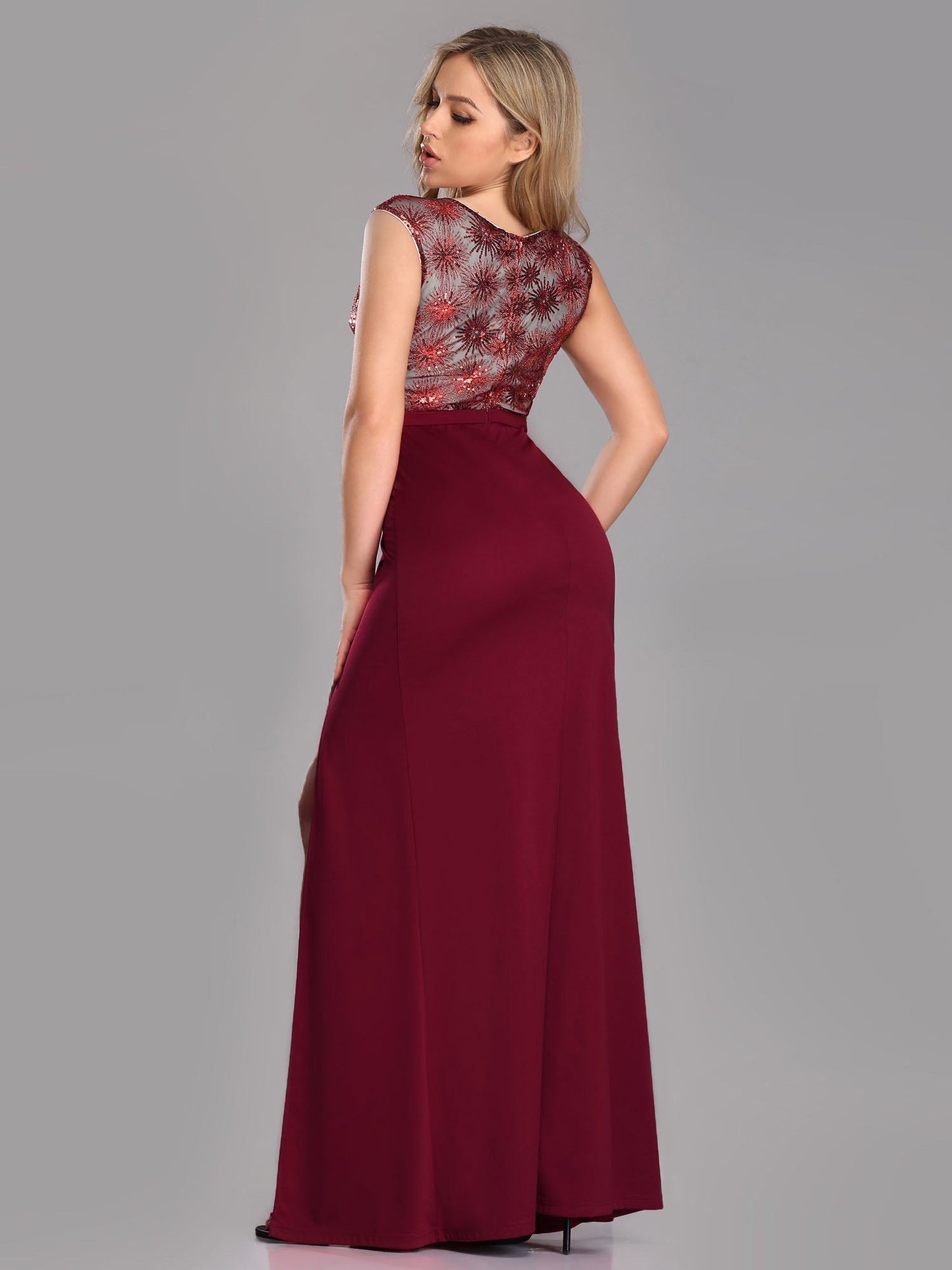  - Floral Sequin Print Burgundy Prom Dresses EZ07729 - MsDressly