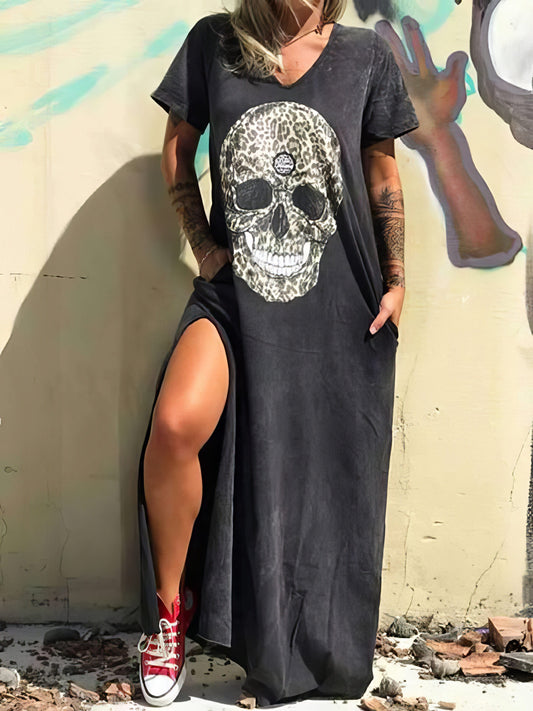 Edgy Skull Print V-neck T-shirt Dress with Side Slit