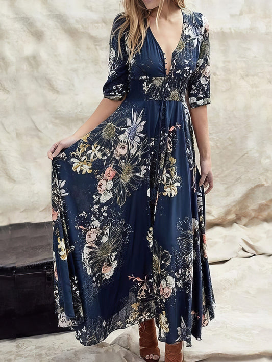 Elegant Printed V-neck Button Dress with Three-quarter Sleeves