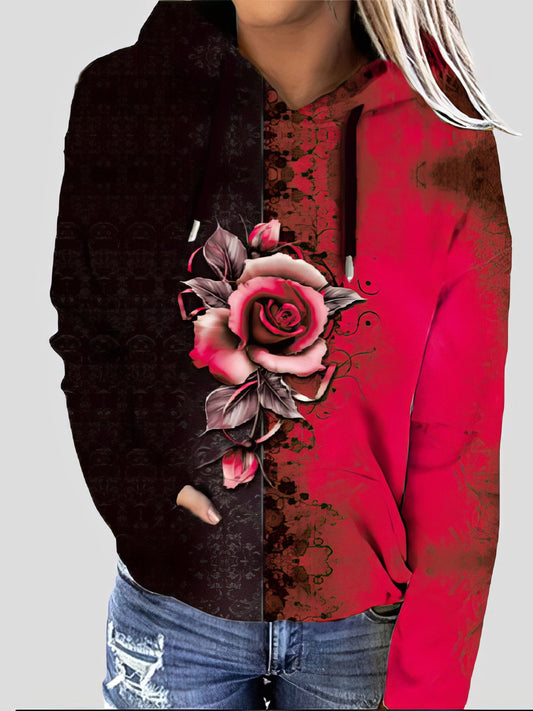 Elegant Rose Print Dual-Tone Hoodie with Long Sleeves