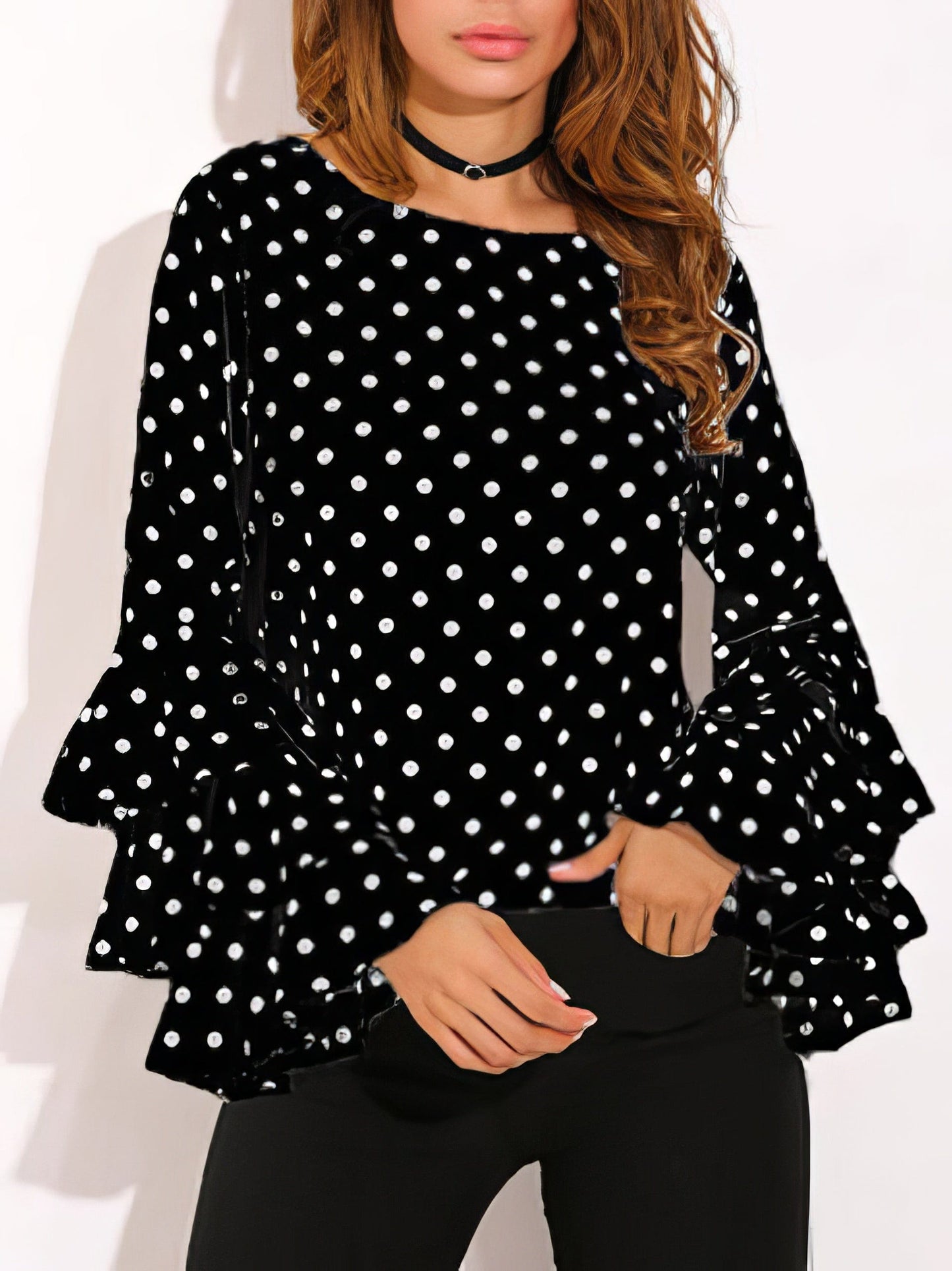 Flounce Sleeve Polka Dot Chiffon Top