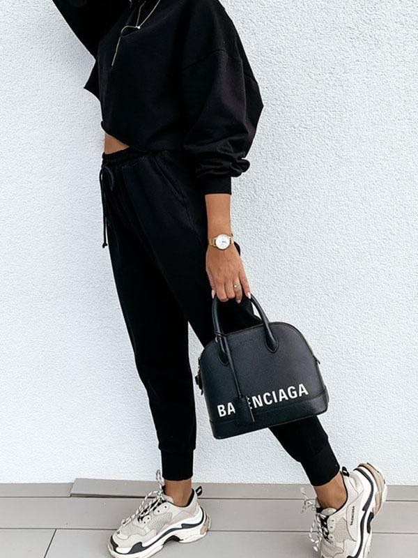 Plain Sporty Long Sleeve Pants Suit for Women