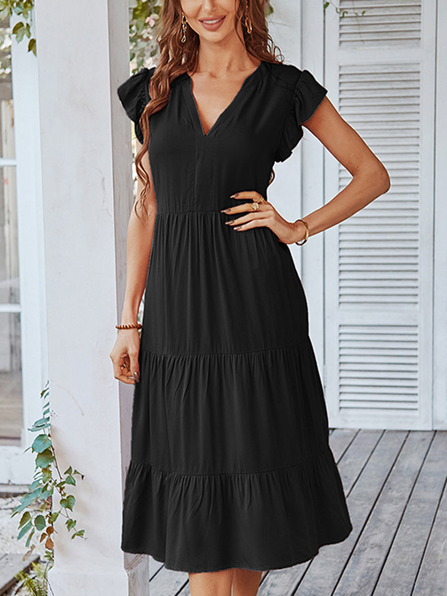 Midi Dresses - V Neck Sexy Solid Color Casual Fly Sleeve Midi Dress - MsDressly