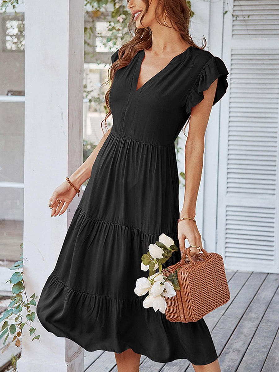 Midi Dresses - V Neck Sexy Solid Color Casual Fly Sleeve Midi Dress - MsDressly