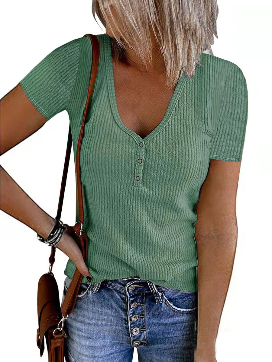 T-Shirts - Ribbed Knit Button Solid Color T Shirt - MsDressly