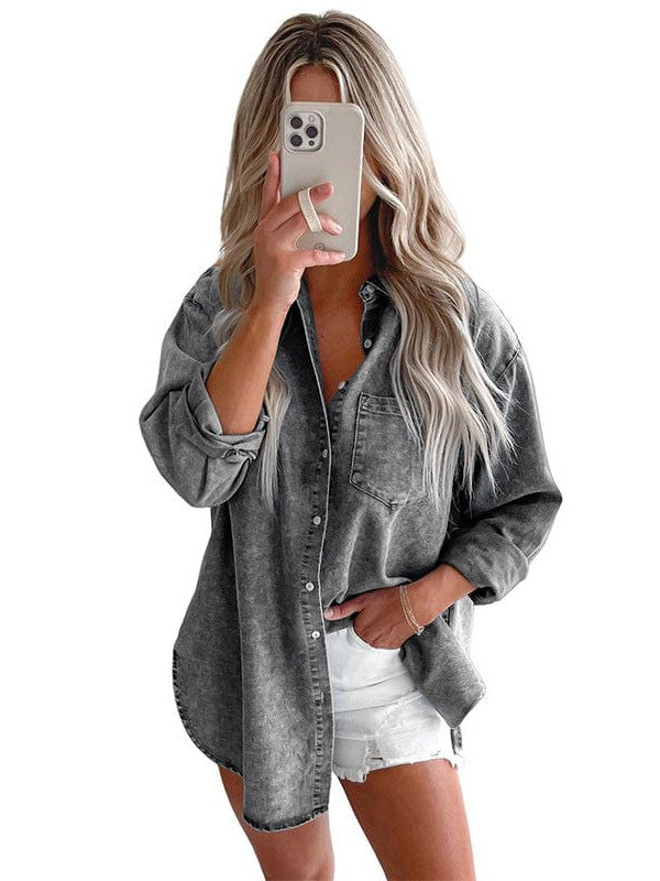 Stylish Slim Fit Women's Denim Shirt Jacket with Classic Collar and Print Detail