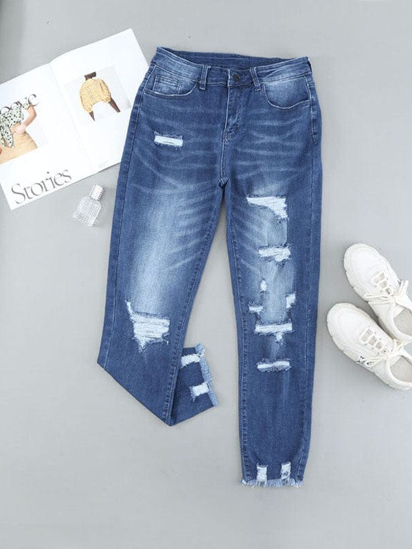 High Waist Blue Ripped Jeans with Nine-Point Length Street Style for Fashionable Women