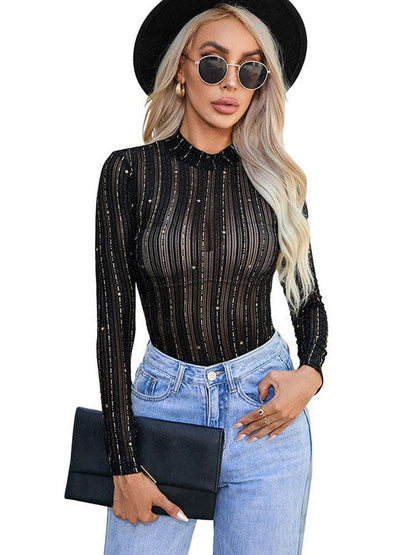 Stylish and Seductive High-Waisted Jumpsuit with Sheer Mesh Long Sleeves for Women