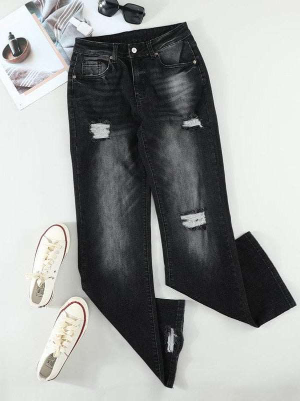 Frayed Black and Dark Blue Boot-Cut Jeans for Trendy Women