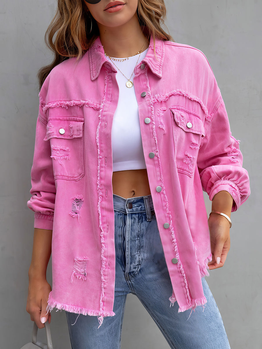 Ripped Denim Long Sleeve Casual Lapel Coat