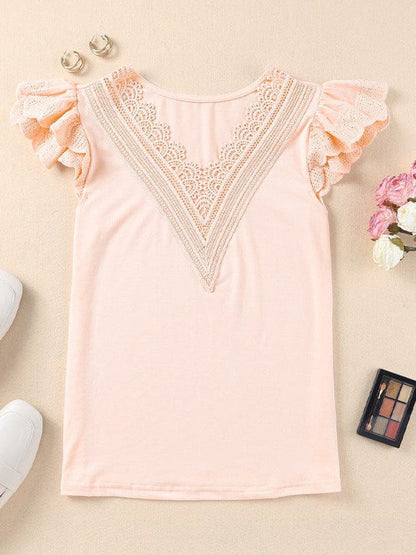 Women's Lace Trim V-Neck Short-Sleeve Blouse in Solid Color Classic Pullover Style