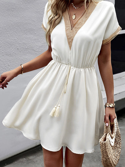 Mini Dresses - Casual Holiday Lace Stitching Waist V Neck Mini Dress - MsDressly
