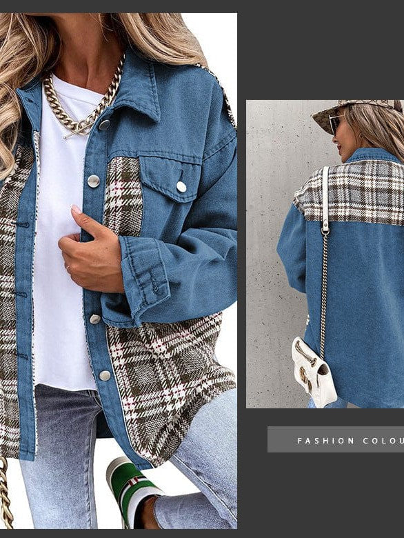 Plaid Denim Jacket with Contrast Colors for Women