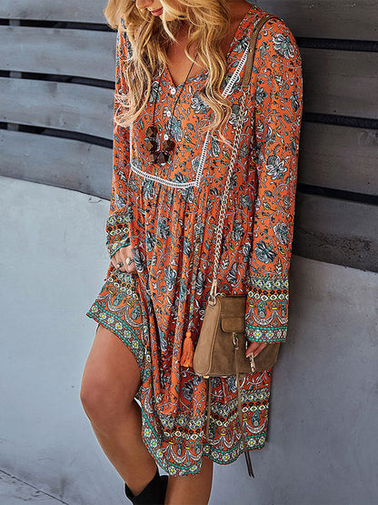 Midi Dresses - Bohemian Print V-Neck Knee Length Midi Dress - MsDressly