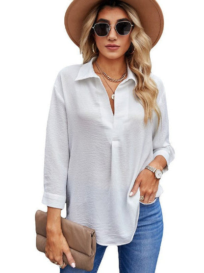 Flowy Long-Sleeve Chiffon Blouse with V-Neck Collar