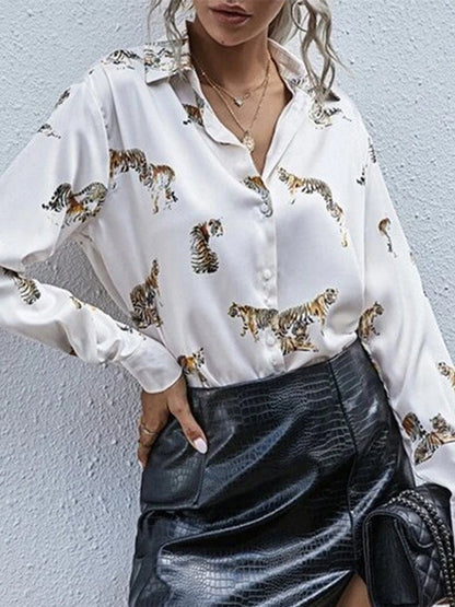 Blouses - Tempting Printed Lapel Single-Breasted Long-Sleeved Blouse - MsDressly