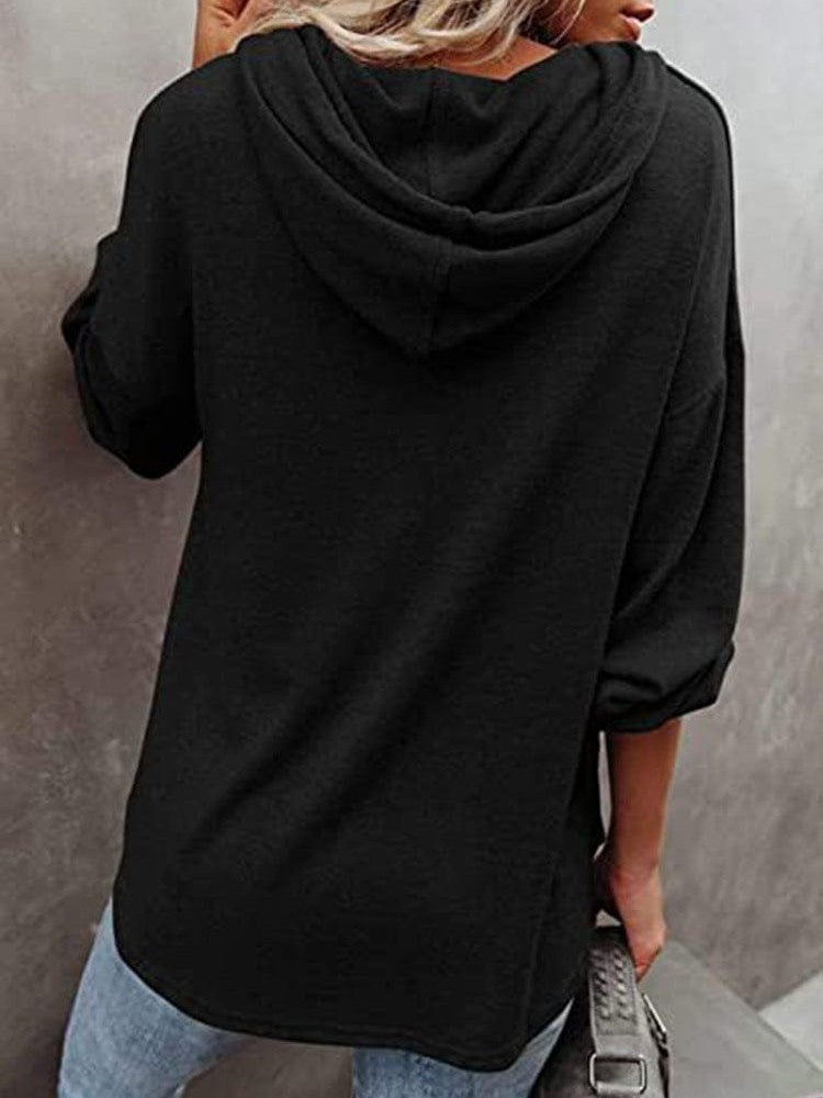 V-neck long-sleeved casual sweatshirt buttoned drawstring sports hoodie