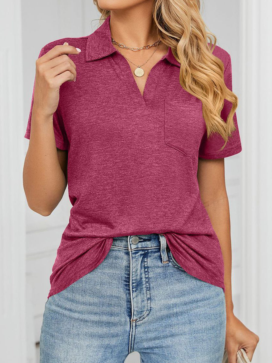 T-Shirts - Collared Loose Casual V Neck Short Sleeve T-Shirt - MsDressly