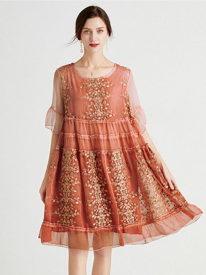 Plus Mini Dresses - Size Curve Dresses Plus Size Loose Round Neck Floral Casual Chiffon Mini Dress - MsDressly