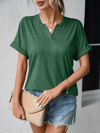 T-Shirts - Casual V Neck Button Loose Solid Color T-Shirt - MsDressly