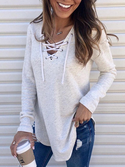 Stylish Comfortable Solid Color Tie Loose Casual  V-Neck T-Shirt