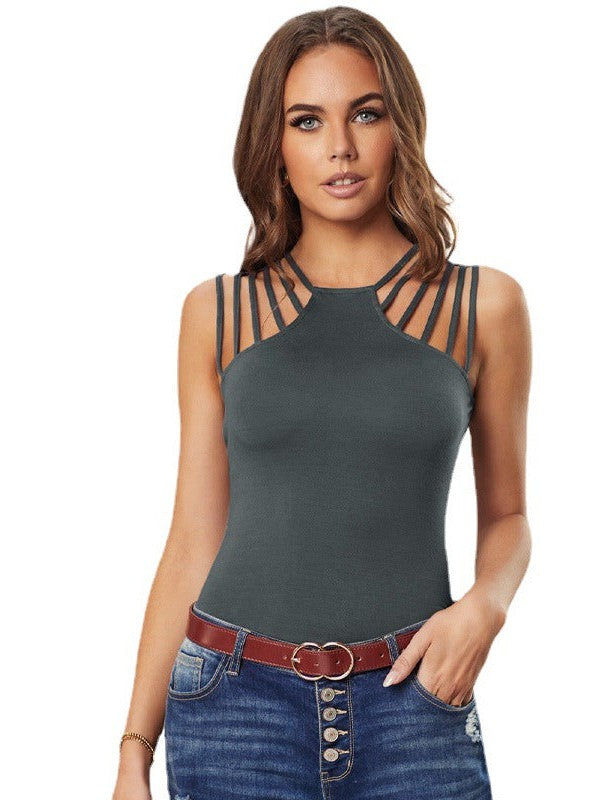 Women's Sexy Neck Knitted Vest with Hollow Shoulder Cutouts
