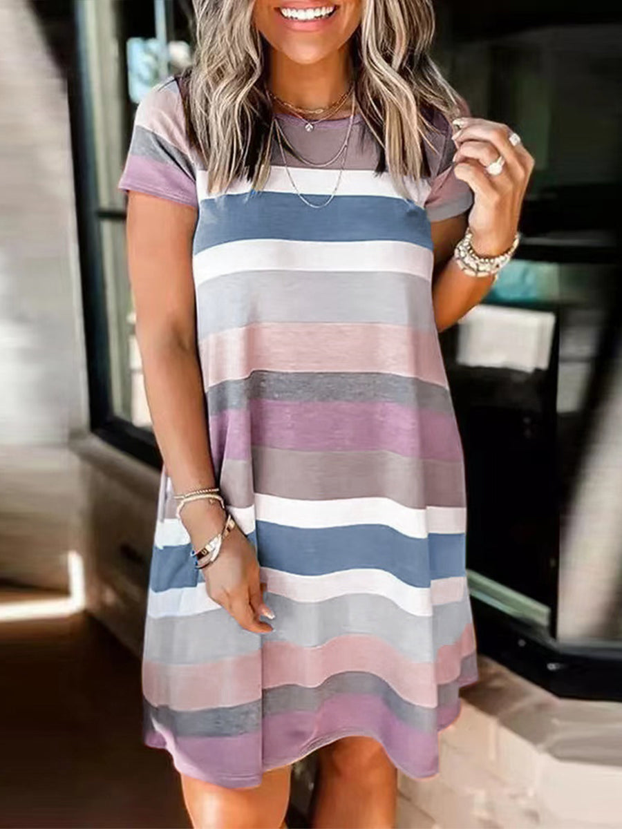 Mini Dresses - Loose Fashion Color Matching Stripe Print Short Sleeve Mini Dress - MsDressly