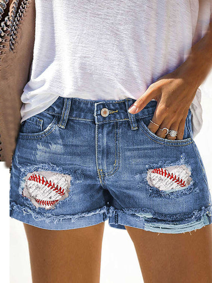 Shorts - Printed Patch Raw Hem Denim Shorts - MsDressly