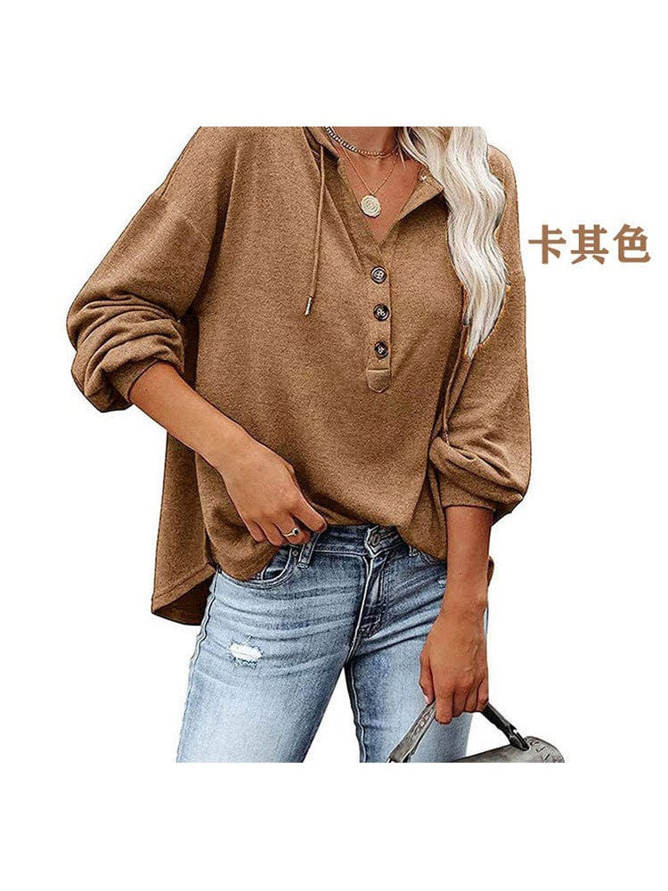 V-neck long-sleeved casual sweatshirt buttoned drawstring sports hoodie