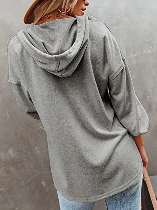 V-neck long-sleeved casual sweatshirt buttoned drawstring sports hoodie