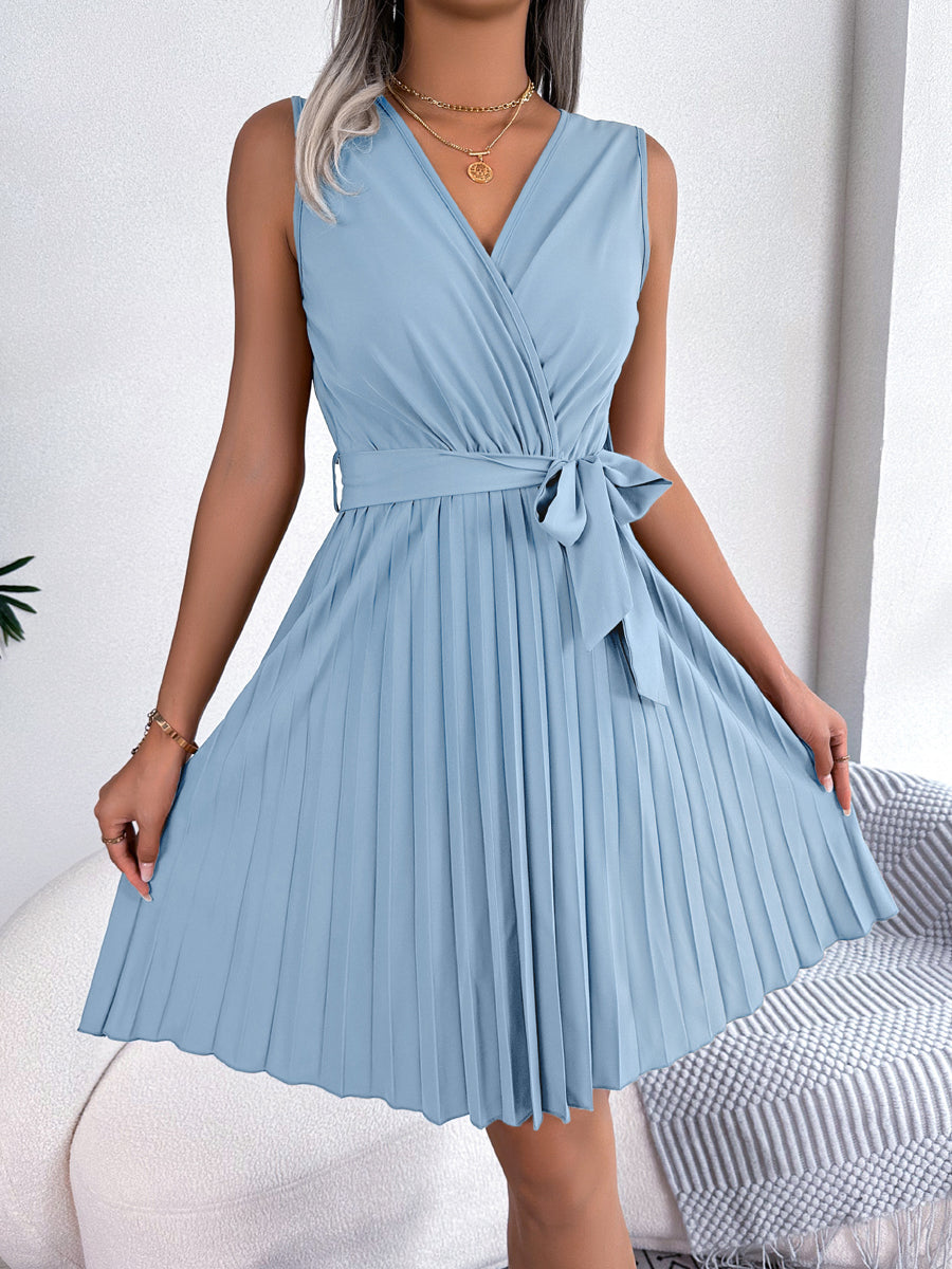 Mini Dresses - Elegant Cross V-Neck Sleeveless Pleated Waist Mini Dress - MsDressly