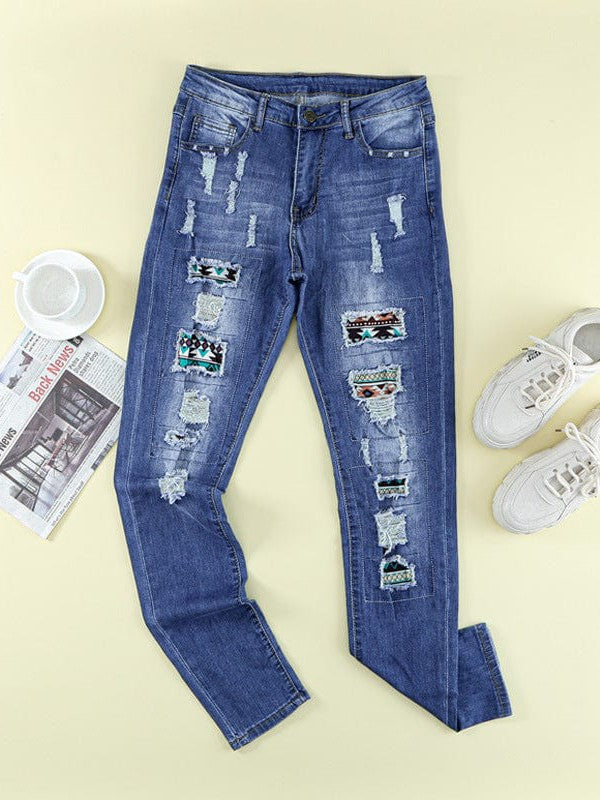 Fashionable 2022 Women's Slim Fit Dark Blue Jeans with Geometric Stitching