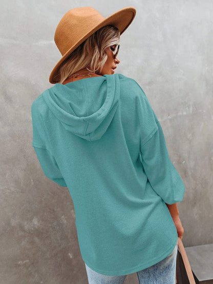 V-neck long-sleeved casual sweatshirt buttoned drawstring sports hoodie