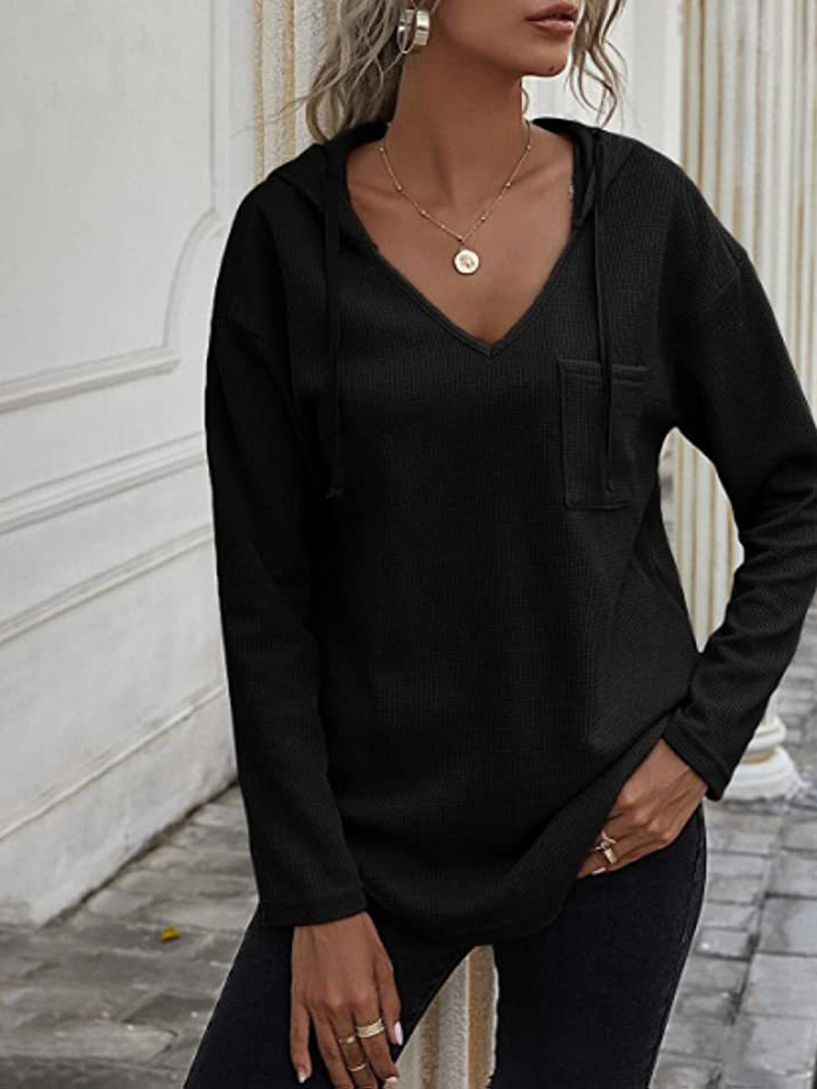 Hoodies - Sweatshirt Drawstring Pullover V Neck Long Sleeve Hoodie - MsDressly