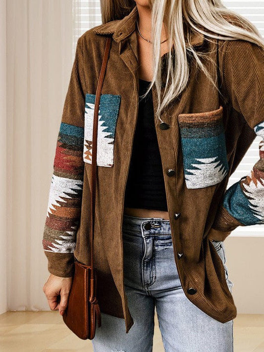 Corduroy Casual Cardigan with Western Print for Women
