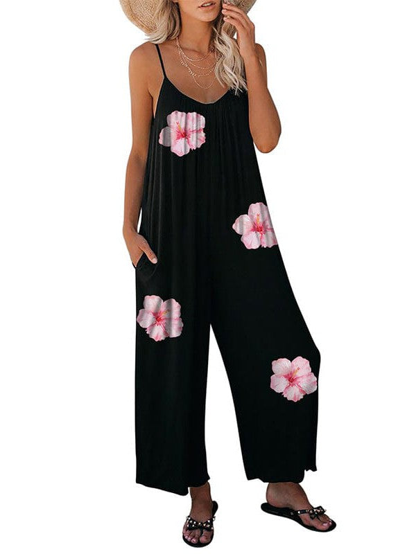 Floral Printed Suspender Jumpsuit with Wide-Leg Daisy Pants for Women