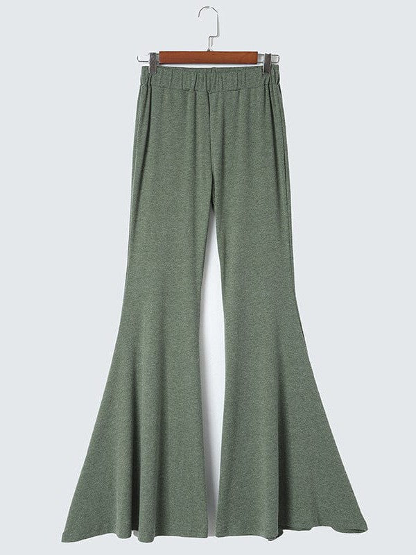 Flared Green High-Waist Ruffled Pants with Wide Legs for Women