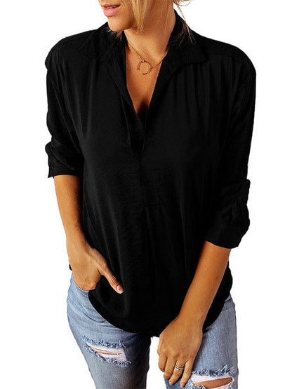 Flowy Long-Sleeve Chiffon Blouse with V-Neck Collar