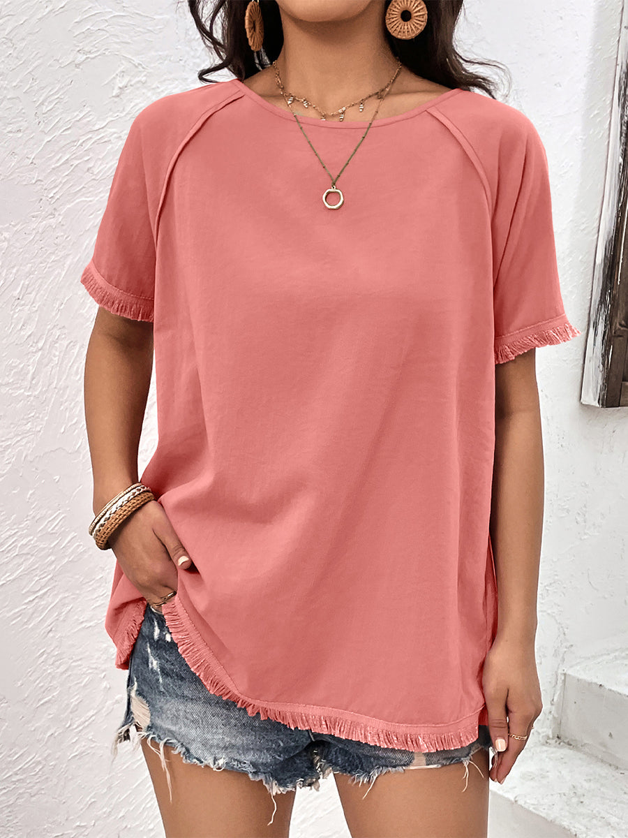 T-Shirts - Round Neck Raglan Sleeve Fringe Detail T-Shirt - MsDressly