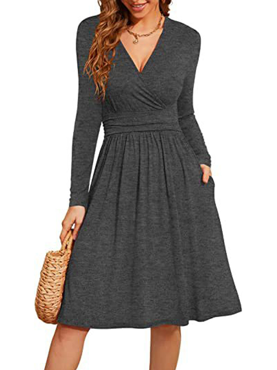 Long Sleeve Casual V-Neck Floral Party Midi Dress