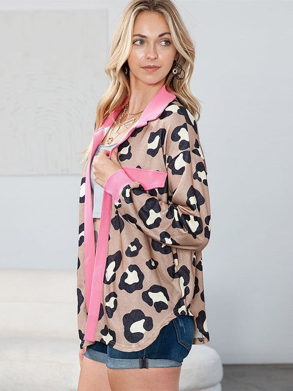 Leopard Print Cardigan Jacket with Lapel Collar and Rose Red Splicing in Polyester Blend